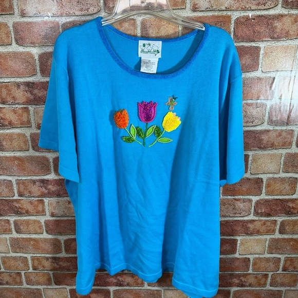 Quacker Factory Tops - NWT has The Quacker Factory Blue Tulip T-Shirt with Floral Embroidery sz 2X